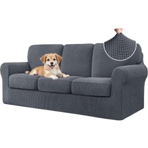 CHUN YI 7 Piece Couch Covers Sofa Covers Washable, Stretch Sofa Slipcovers for 3 Cushion Couch with Seperate Backrest and Cushion Covers, Anti Slip Furniture Protector for Dogs Pets (Large, Grey)