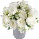 4 Bundles Artificial Peonies Silk Flowers, White Faux Peony Bouquet Florals Arrangements Decor for Farmhouse Home Boho Wedding Table Centerpiece, Fake Plastic Flowers Bulk Vase Decoration (White)