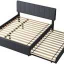 Queen Size Upholstered Platform Bed with Trundle and 1 Sets of USB, Linen Fabric Full and Twin Double Bed w/LED Lights with APP for Bedroom,Dark Gray