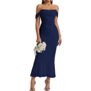 KUTUMAI Off The Shoulder Maxi Long Dress Corset Ruched Bodycon Cocktail Formal Wedding Guest Dresses for Women (Medium, Navy)