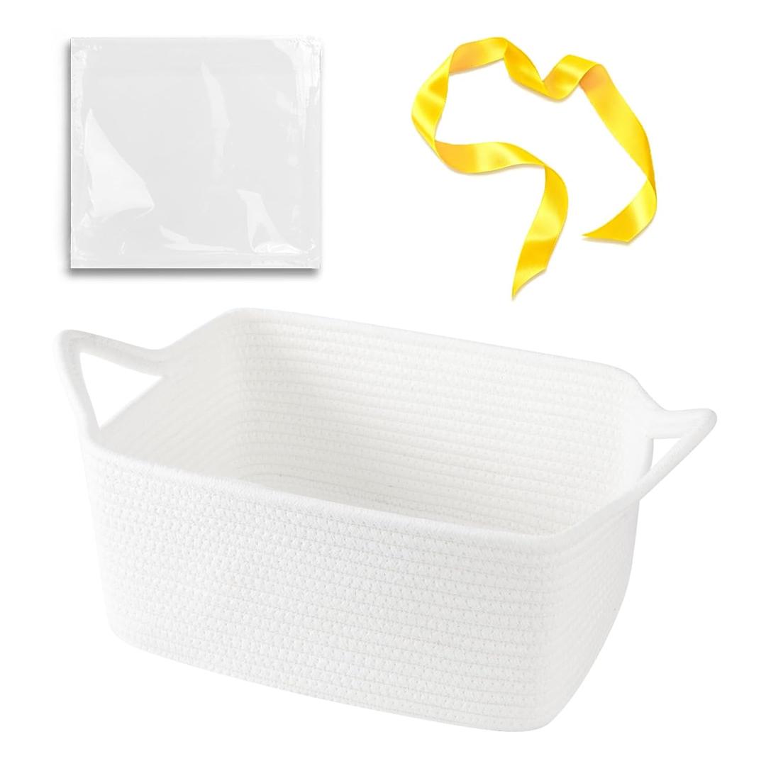 OIAHOMY Small Woven Rope Basket with Gift Bags and Ribbons, Gift basket Empty for Baby shower Birthday, Halloween, Christmas, Cute Cat Ear Handles for Shelf Living Room Bathroom, White (13.5''10"6'')