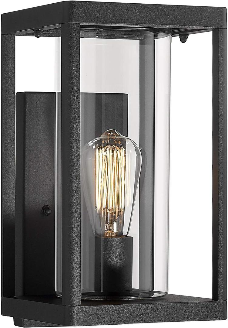 Beionxii Dusk to Dawn Outdoor Wall Sconces, Modern Exterior Porch Light Wall Mount Lantern, Black Cast Aluminum w/Clear Cylinder Glass - A291W-1PK