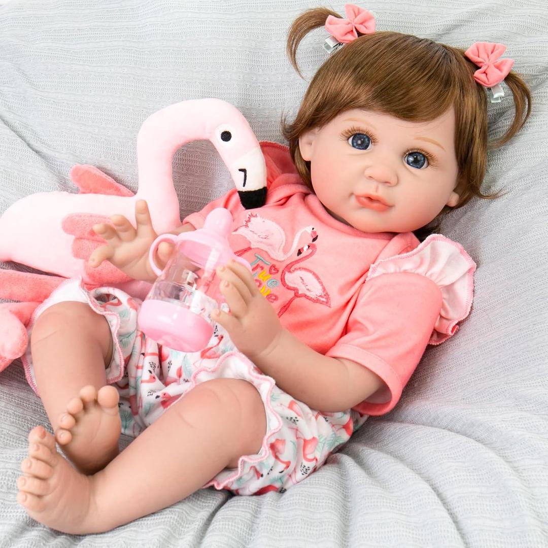 Aori Realistic Reborn Baby Doll Girls - 22 inches Real Life Newborn Baby Dolls, Adorable Lifelike Babies, Weighted Reborn Toddler Gifts Set for Kids Grandma (Flamingo)