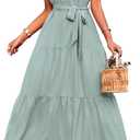PRETTYGARDEN Women's Summer Floral Maxi Sun Dress Sleeveless Halter Neck Flowy Ruffle Hem Long Boho Dresses with Belt (Medium, Solid Light Green)