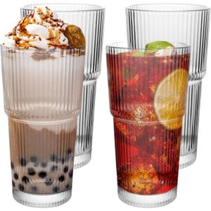 Drinking Glasses19oz Ribbed Glassware, 4 Pack Old Fashioned Glasses,Thickened glass for iced coffees, smoothies, cocktails and juices, perfect for families and parties (4)