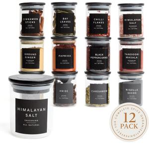 Glass Spice Jars with Labels-12 Pack- 6.8oz- 360 Labels- Spice Containers Bamboo Lids -Spices Organization for Cabinet-Drawer-Rack-Seasoning containers-herbs- Organizer-Spices Bottles-Black