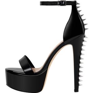 VERISSON Women's Studded Rivets Platform Heels Stiletto High Heel Ankle Strap Heeled Sandals for Women Party Dress Prom Shoes (7, Black)