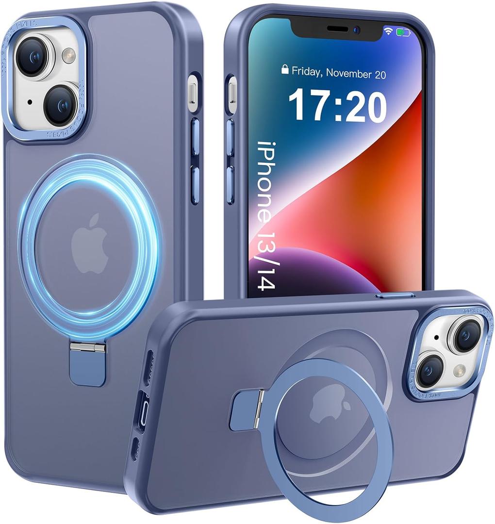 Compatible with iPhone 13/14 Case with Magnetic Ring Stand, Military Drop Protection, Anti-Scratch/Anti-Fingerprint Translucent Matte Phone Case for iPhone 13/14 (Light Blue)