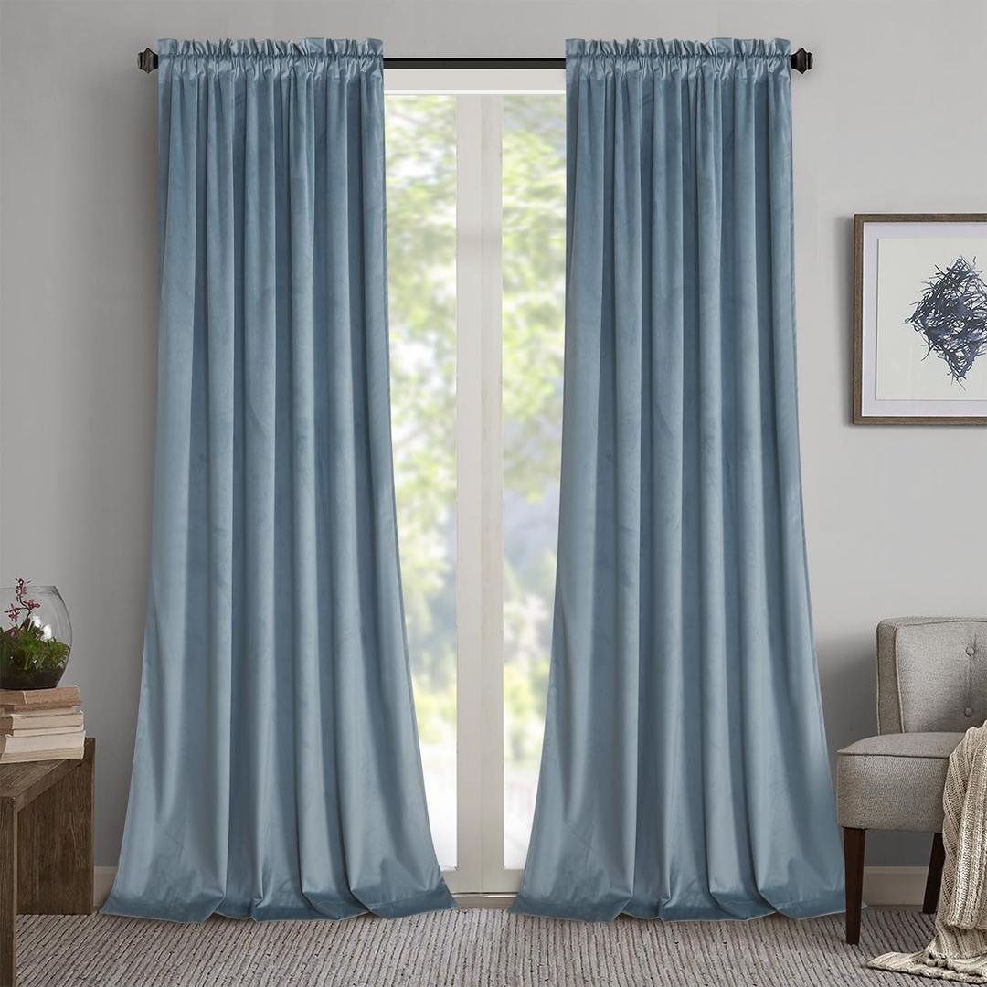 Roslynwood Stone Blue Velvet Curtains Room Darkening - Classic Solid Christmas Decorative Thermal Insulated Blackout Window Drapery for Living Room, W52 x L84-inch, 2 Panels/Rod Pocket (52"W x 84"L (Pack of 2))