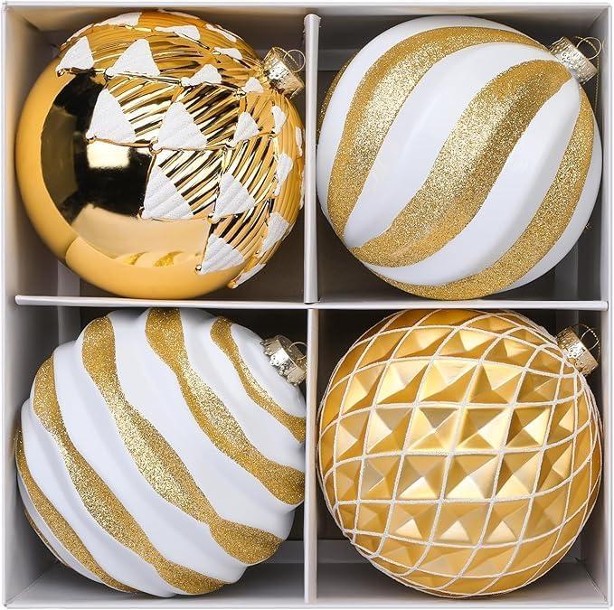 Alupssuc 6''/150mm Large Christmas Ball Ornaments, 4Pcs Christmas Tree Decor, Shatterproof Hanging Decorations with Hooks, Gold & White Baubles for Xmas Tree, Wedding, Holiday and Party Decor
