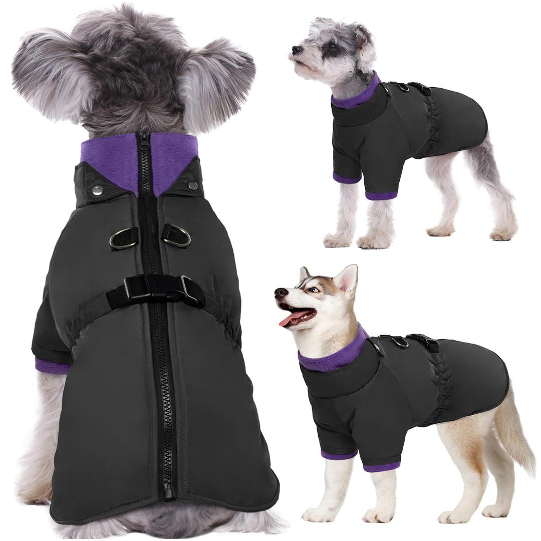 Kuoser Dog Coat Warm Dog Jacket with Harness Built in, Windproof Dog Cold Weather Coats Dog Winter Snowsuit with Zipper, Soft Dog Turtleneck Padded Vest Pet Thermal Clothes Medium Black and Purple