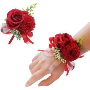 2PCS Rose Flower Wrist Corsage Boutonniere Set Handmade Artificial Corsage Set Bride Hand Flower Men Boutonniere for Wedding Party Prom Decorations (Red)