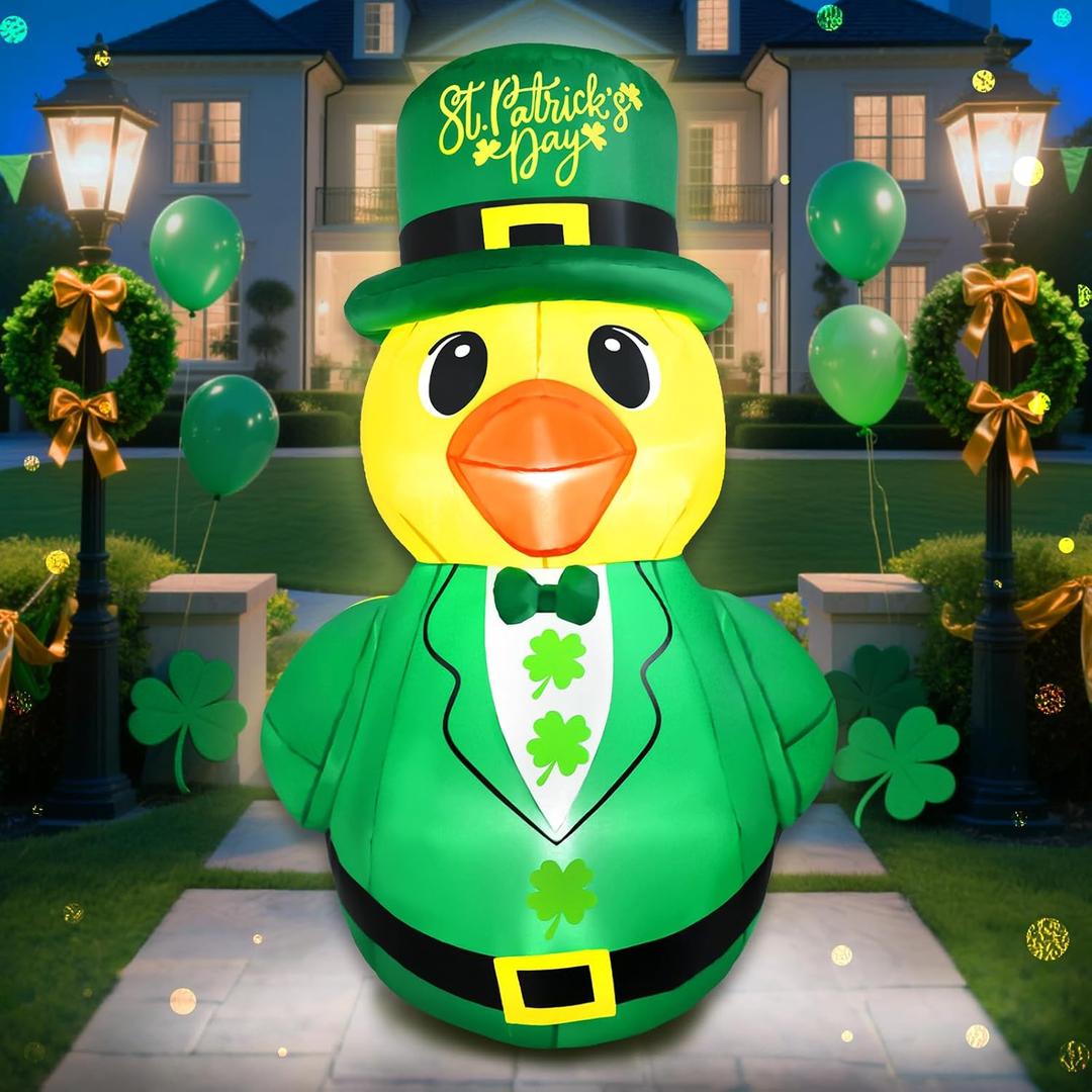 5FT St. Patricks Day Inflatable Outdoor Decorations Cute Duck Inflatables Blow Ups with LED Lights St Patricks Day for Outside Garden Yard Lawn Holiday Party Home Decor