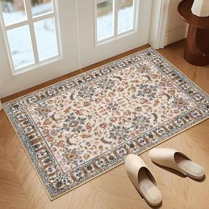 TIKIRUGI Boho Beige Floral Rugs for Entryway - 5x7 Washable Indoor Door Mat, Soft Vintage Small Area Rug, Non-Slip Low-Pile Thin Door Mat for Inside Entry, Rugs for Indoor Front Entrance Bathroom