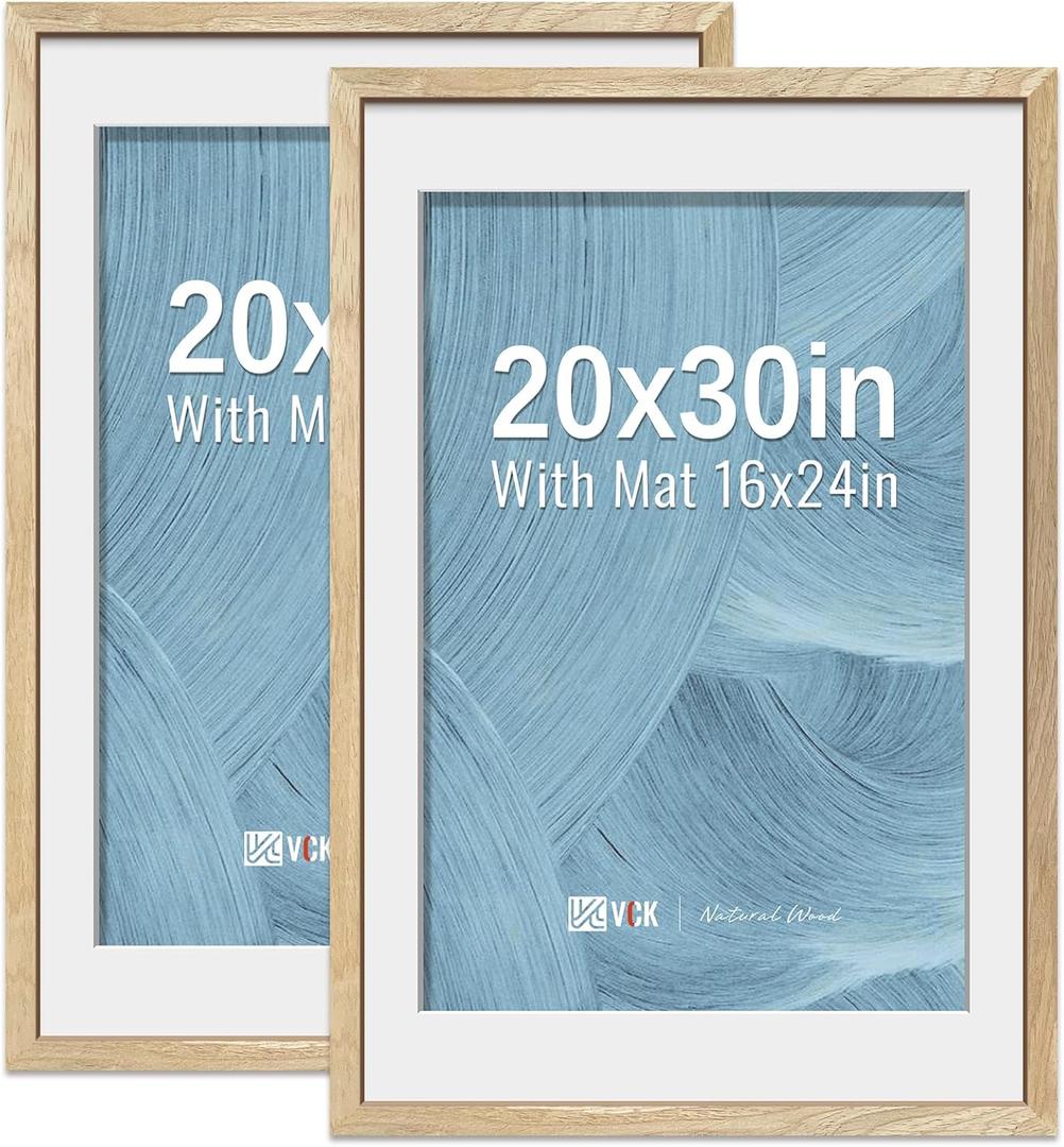 VCK 20x30 Poster Frame 2 Pack - Natural Wood Grain, High-End Wood Picture Frames with Polished Plexiglass, Display 16x24 Photo with Mat or 20x30 without Mat, Art Gallery-Quality, Wall Hanging, Natural