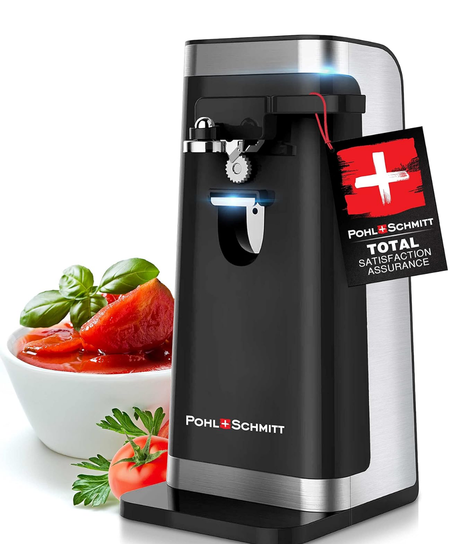 POHL SCHMITT Electric Can Opener, Easy Push Down Lever, Knife Sharpener, Bottle Opener & Built-In Cord Storage, Opens All Standard-Size and Pop-Top Cans, Black