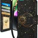 Toycamp for iPhone 14 Wallet Case with Wrist Strap - Leather Flip Folio Phone Case with RFID Blocking 4 Card Holder for Apple for iPhone 14 Funda Cute Aesthetic for Women Ladies, Sun and Moon
