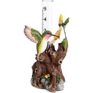 Hummingbird Rain Gauges Outdoor, Resin Hummingbird Garden Statue with a Plastic Rain Gauge, Hand Painted Birds Sculpture 5 Inch Water Gauge for Rain, Yard Patio Decor for Spring Summer
