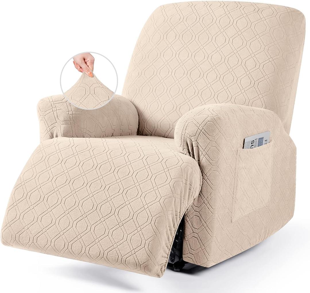 VANSOFY Recliner Chair Cover, 3-Pieces Stretch Recliner Covers for Recliner Chair Soft Reclining Chair Slipcover Furniture Protector for Dogs Cats(Cream) (1 Seater)