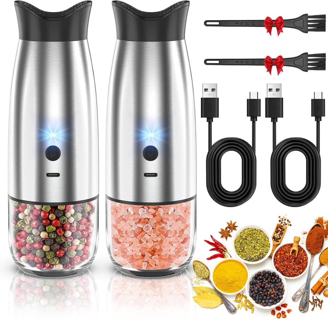 Gravity Electric Salt and Pepper Grinder Set, USB Rechargeable, No Battery Needed, Adjustable Coarseness, Automatic Mill Grinder with Warm LED Light, One Hand Operated for Kitchen, Restaurant, Outdoor