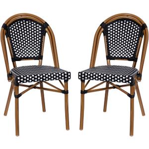 Flash Furniture Bordeaux Set of 2 Indoor/Outdoor Commercial Bistro Stack Chairs - Black/White PE Rattan Back and Seat - Natural Bamboo Print Aluminum Frame