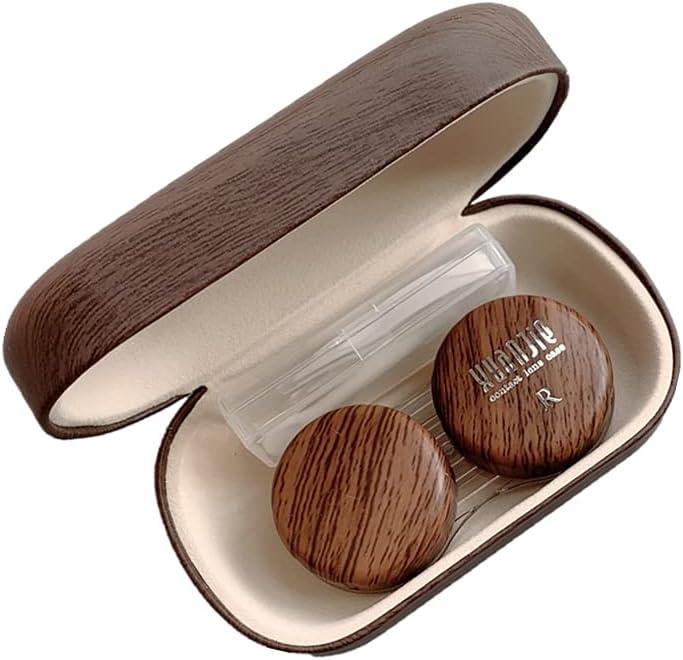 CARUNCOO Wood Grain Contact Lens Case Compact Eye Contact Case for Travelling Portable Contact Box with Mirror RectangleCute Colorful Especially Elegant Brown 4 Piece Set