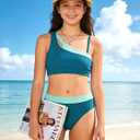 Girls Swimsuit Bikini Set Color Block Cut Out Two Piece Bathing Suit with Chest Pad Adjustable Straps Swimwear 7-16T