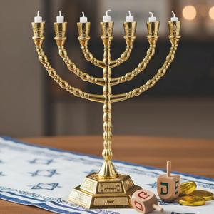 Large Menorah 7 Branch Hanukkah Menorah Candle Holder - Gold Plated Jewish Menorahs 7 Arm Candlestick Holder - Chanukah Candle Holders Shabbat -6.9IN
