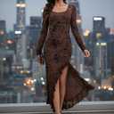 Women's Square Neck Long Sleeve Maxi Dress Floral Bodycon Dresses Print Side Split Dresses Elegant Formal Cocktail Dress (US, Alpha, X-Large, Regular, Regular, Brown Floral)