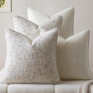 a moment Beige 4 Pack Throw Pillow Covers - Chenille & Velvet Set with Piping, Farmhouse Textured Design Cushion Cases for Couch Sofa Bed (20x20 Inch, No Insert)
