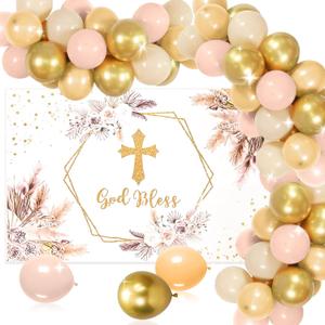 LaVenty Boho God Bless Backdrop Baptism Baby Shower Party Decorations Boho Floral First Holy Communion Christening Baptism Decorations (Golden 2)
