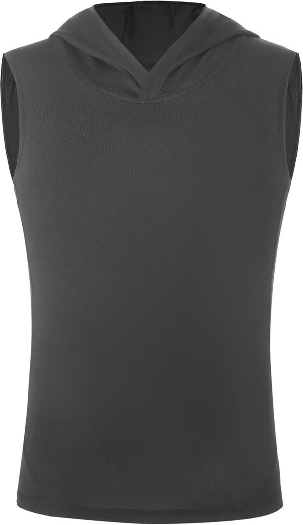 Boys Youth Sleeveless Compression Hoodie Shirt, Quick Dry Football Basketball Undershirt, Athletic Soft Tank Tops Sport (Medium, Light Gray)
