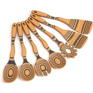 Professional Kitchen Wood Fiber Cooking Spoons|7-Piece Curved Handles Non-Scratch, Heat Resistant, Dishwasher Safe Wooden Utensil Set for Non-Stick Pans, Sauce Making, Stirring & Serving|Kitchen Gifts