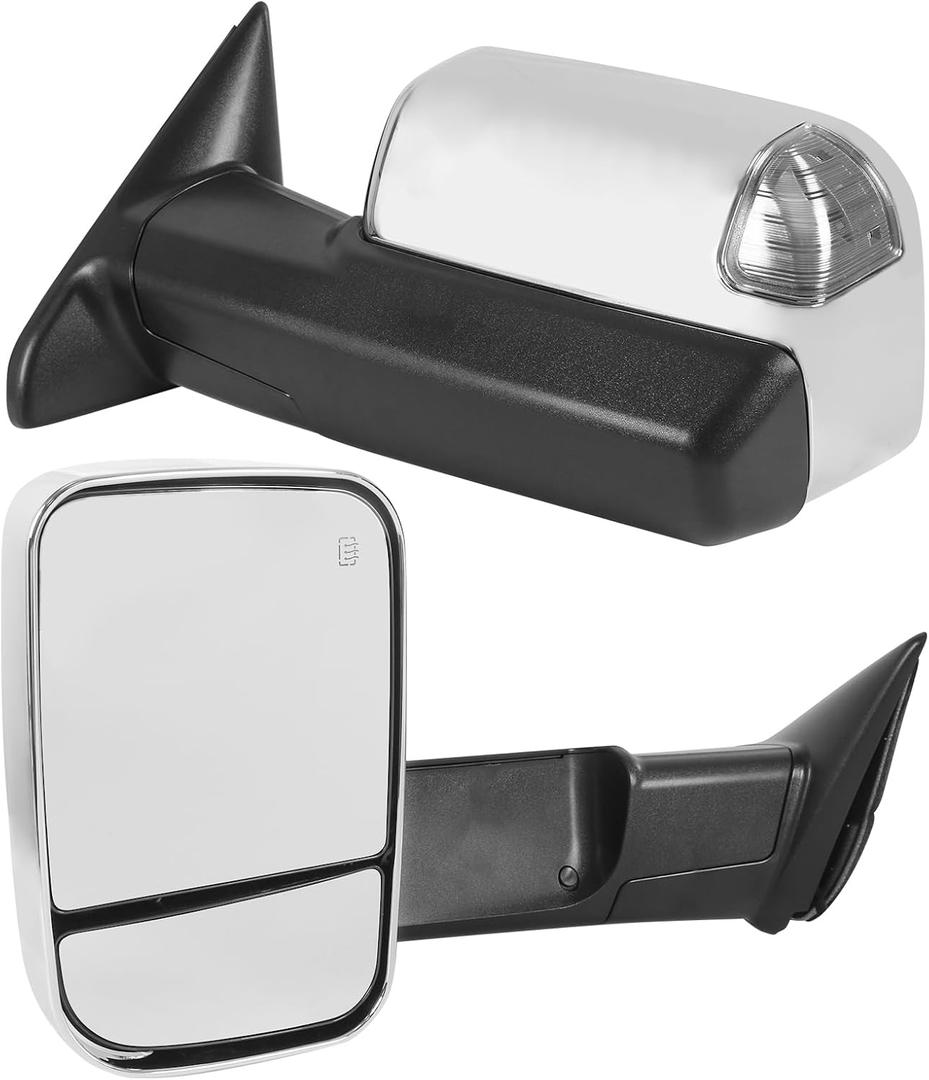 Pair Tow Side Mirror Manual Flip Fold with Heated Puddle LED Turn Signal | Compatible with 2009-2018 Dodge Ram 1500 2500 3500 2019-2024 Ram 1500 Classic Chrome