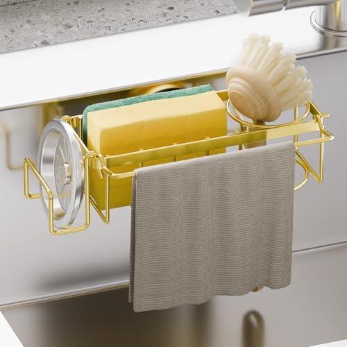 TAILI Sponge Holder with Strong Suction Cup, 4-in-1 Rustproof Sink Organizer - Sink Caddy Holds Sponges, Brushes, Stoppers & Scrapers -Gold
