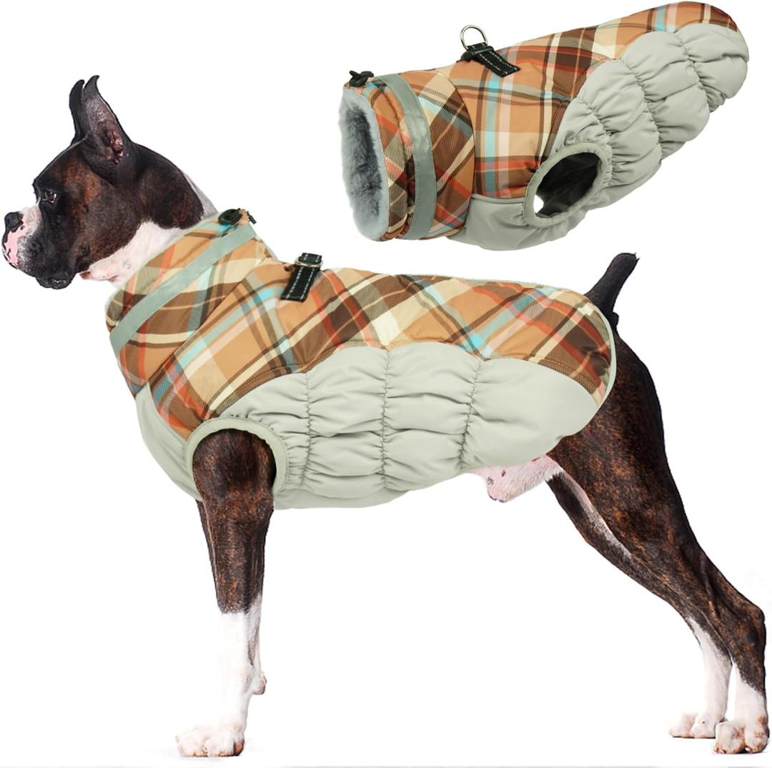 Lelepet Warm Dog Winter Coat Dog Coats for Large Dogs Waterproof Dogs Jacket with Harness Built in Reflective Cold Weather Coats Windproof Zip-Up Winter Fleece Vest Snowsuit Boxer Brown Plaid XL
