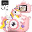 Kids Camera Toys Digital Camera for Girls Boys, Christmas Birthday Gifts for Kids Age 3-12, Selfie 1080P HD Video Digital Camera for 3 4 5 6 7 8 9 10 Year Old Girls with 32GB TF Card (Pink-Unicorn)