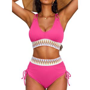 Herseas Women High Waisted Bikini Sets Swimsuits Color Block 2 Piece Drawstring V Neck 2025 Beach Bathing Swim Suit (Pink, S)