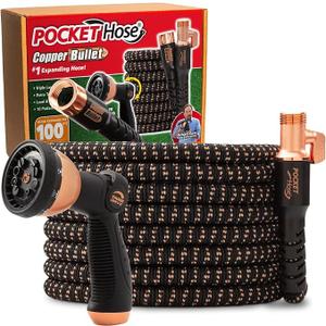 Pocket Hose 100 FT Copper Bullet Hose, 10-Pattern, 650psi
Easy thumb control, anti-burst up to 650 PSI, copper-infused, lead-free, drinking water-safe, no-kink, ultra-lightweight