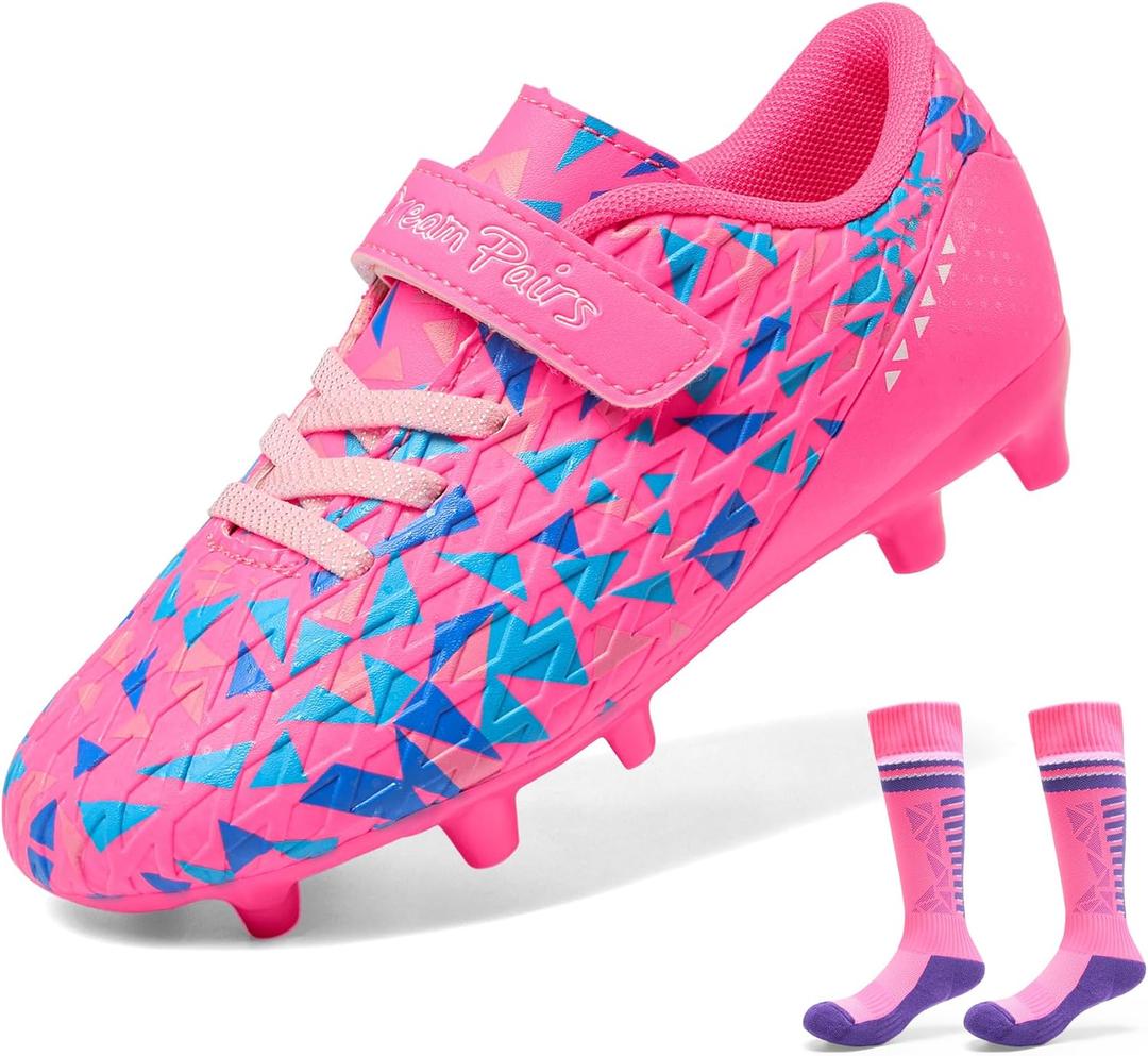 DREAM PAIRS Boys Girls Soccer Cleats Kids Firm Ground Football Shoes for Little/Big Kid with Soccer Socks (Hot Pink/Royal Blue, 11) DREAM PAIRS Boys Girls Soccer Cleats Kids Firm Ground Football Shoes for Little/Big Kid with Soccer Socks (Hot Pink/Royal Blue, 11)