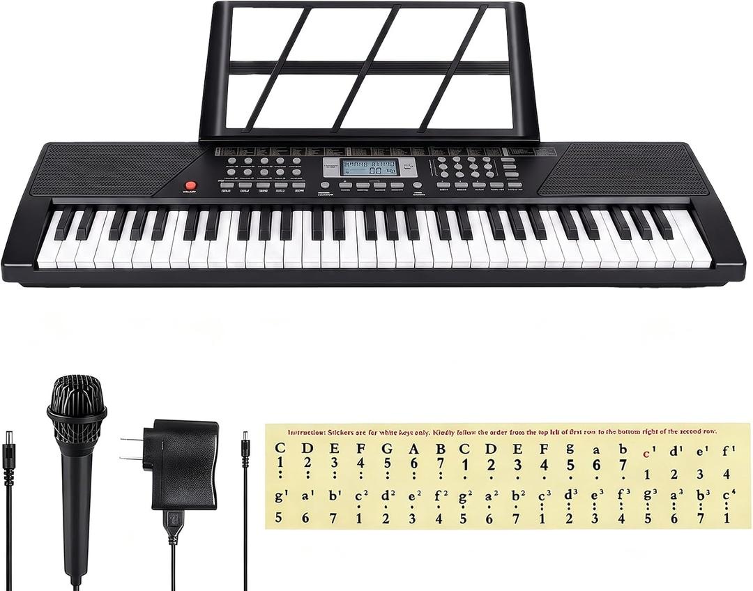 61 Key Keyboard Piano,Portable Electronic Digital Piano for Beginners with Built-In Speaker Microphone,Piano Note Stickers,Sheet Music Stand and Power Supply