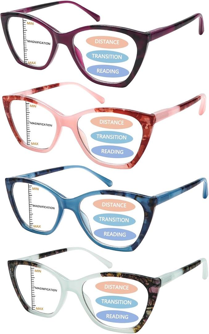 4 Pack Progressive Reading Glasses for Women, Blue Light Blocking | 3-Zone Multifocal Lenses, Oversized Design, Lightweight Plastic Frame, Flexible Spring Hinges, Reading & Computer Use