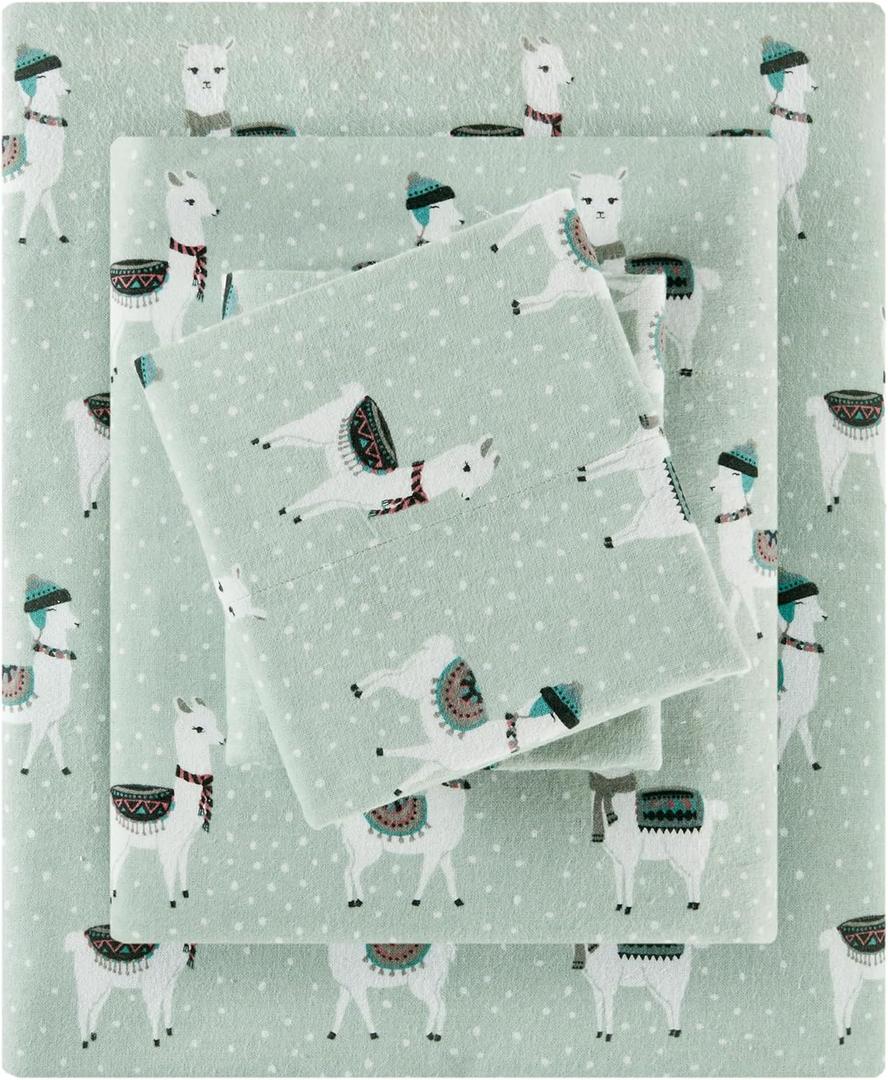 True North by Sleep Philosophy Flannel Sheets Queen Size, Cozy 100% Cotton Flannel Bed Sheets, Ultra Soft Cute Sheet Set, Novelty Print Themed Cold Weather Warm Bedding Set, Seafoam Llama 4 Piece