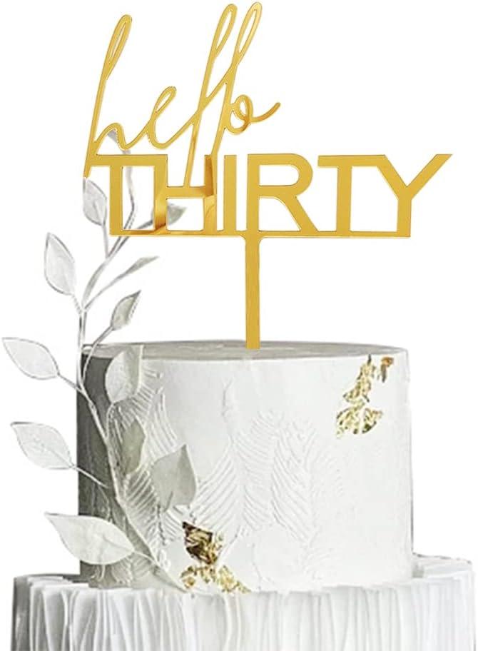 Hello Thirty Cake Topper Gold Acrylic 30th Happy Birthday Cake Topper for Birthday Anniversary Party Cake Decorations Party Supplies