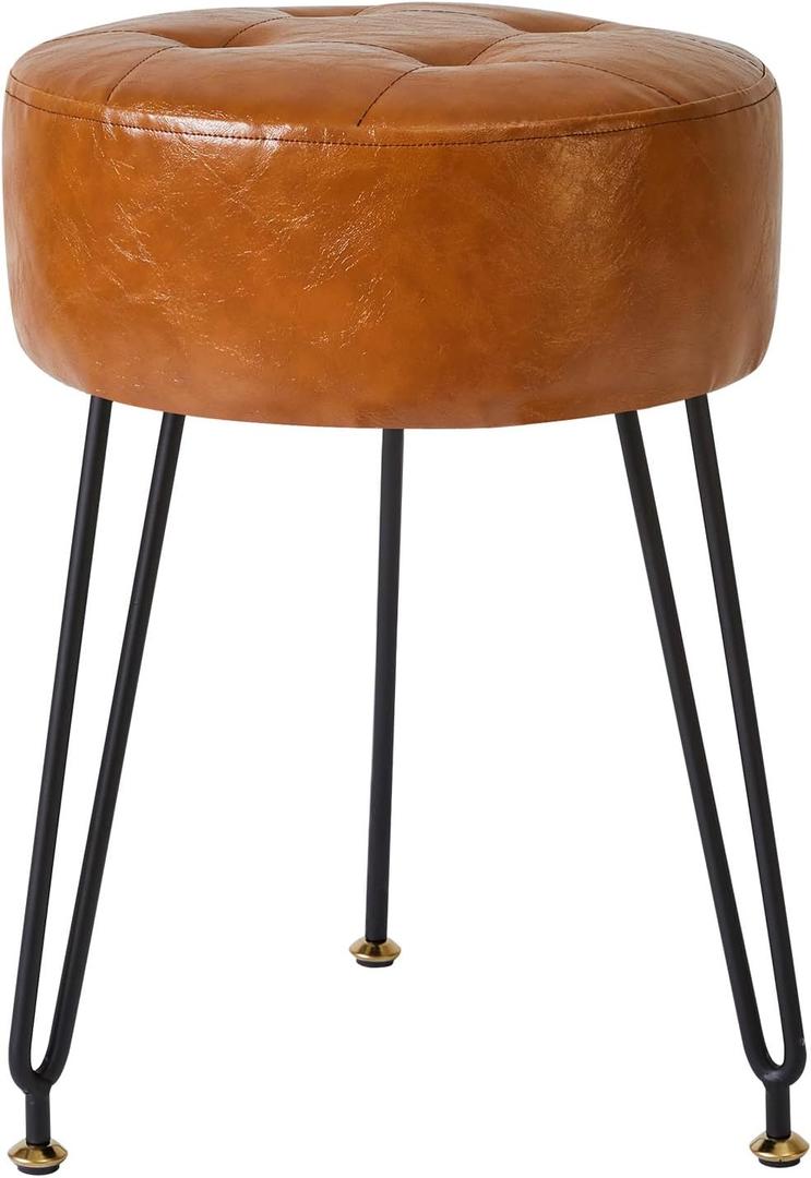 IBUYKE Faux Leather Round Footrest, Makeup Vanity Stool Side Table, PU Dressing Table Seat, Pouf Couch Stool, Golden Steel Legs, Light Brown LG-31J