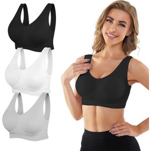 YADIFEN 3 Pack Womens Sports BrasWireless Comfortable Seamless Sleep Yoga Sports Bras for Women with Removable Pads (Black+white+grey)