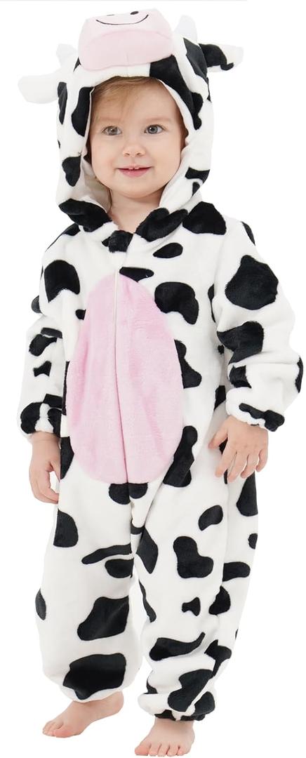 LONULAIN Unisex Baby Animal Costume Pajamas, Infant Flannel Hooded Halloween Romper Cosplay Costume/ Homewear/ Sleepwear (Cow, 12-18 Months)