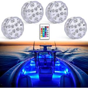 Seaponer Boat Lights Wireless Battery Operated, Waterproof Marine Led Light for Deck Courtesy Interior Lights, Fishing Kayak Duck Jon Bass Boat, RGB Multi Color Remote Controlled, 4pcs