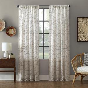 Archaeo Fragmented Geometric Embroidery Mid-Century Modern Natural Linen Blend Curtain, 50" x 84", Gray/Linen