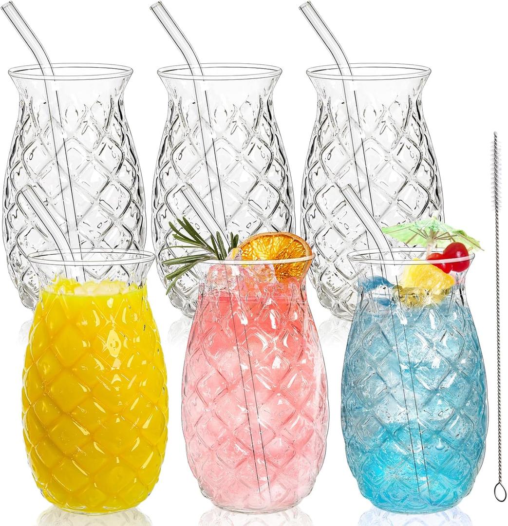 Set of 6 Pineapple Drinking Glasses, 17 Oz Clear Cocktail Glasses with Straws, Retro Relief Pineapple Cups Classic Wine Drink Glass for Cocktail, Wine, Juice, Water, Milk